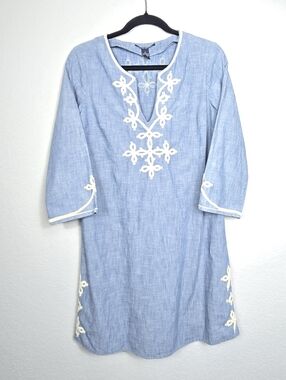 Lucky Brand Boho Chambray Embroidered Tunic Mini Dress Size Small 100% COTTON